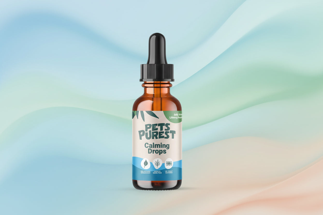 Bottle of Pets Purest Calming Drops on a light gray background