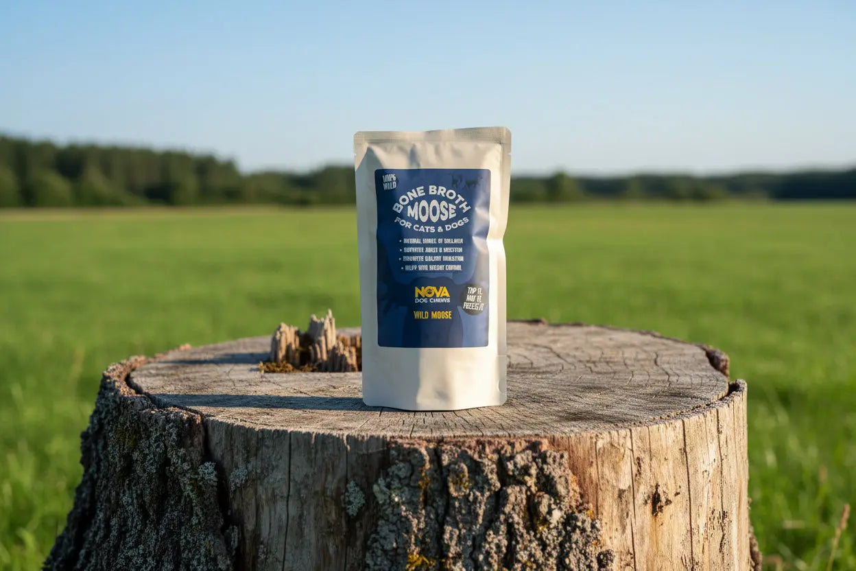 Package of Bone Broth Moose on a black tray with grass background