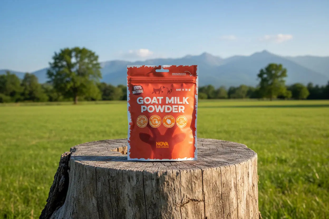 Package of goat milk powder for dogs on a grass background