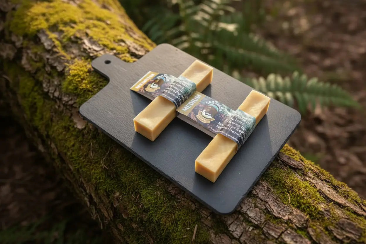 Two blocks of cheese on a slate board with grass background