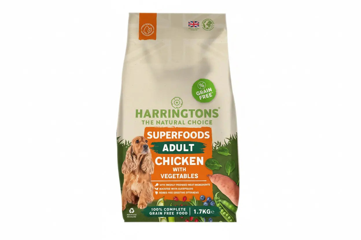 Harringtons dog food package with a chicken and vegetables illustration on a white background