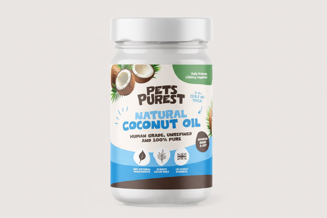 Jar of Pets Purest Natural Coconut Oil on a light gray background
