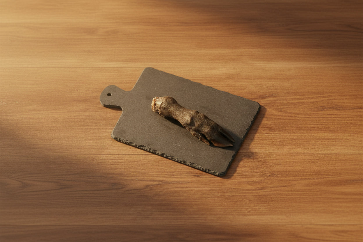 A wild boar trotter, on a grey slate board with a brown wooden background 