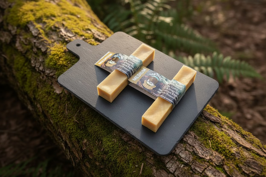 Two blocks of cheese on a slate board with grass background